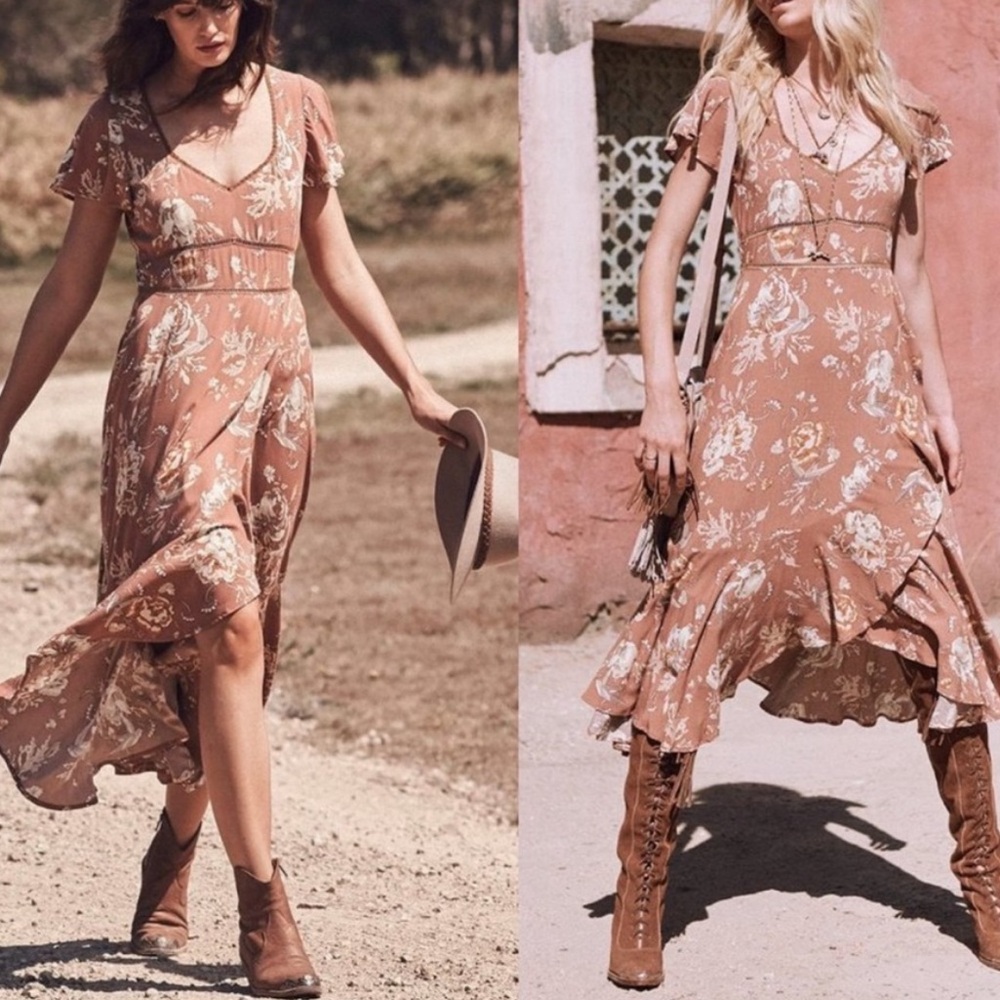 SPELL Rosa Garden Party Floral Bird Print Short Sleeve Midi Dress Camel Size L - Picture 11 of 11